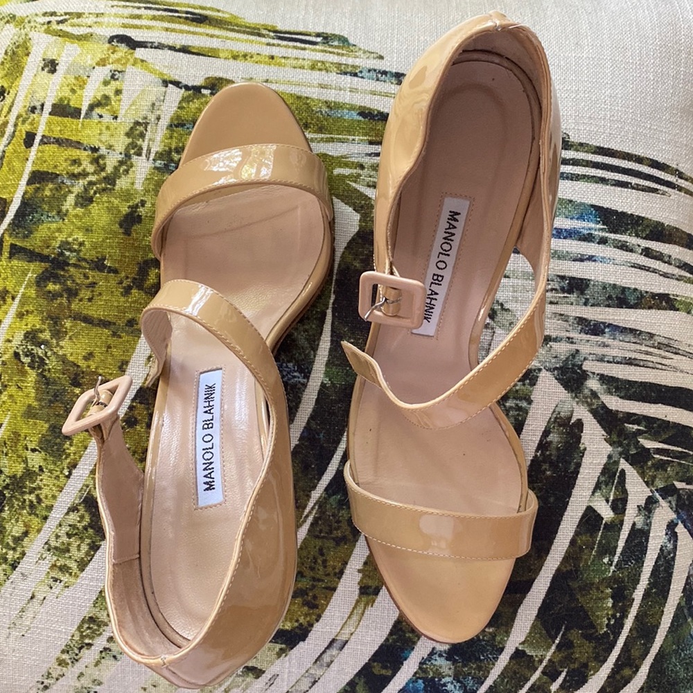 Manolo Blahnik nude patent heel sandals